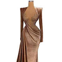 Long Sleeves Velvet Formal brown Evening Dresses 2022 sheer o neck corset Couture Mermaid prom Party Gowns Arabic Beading