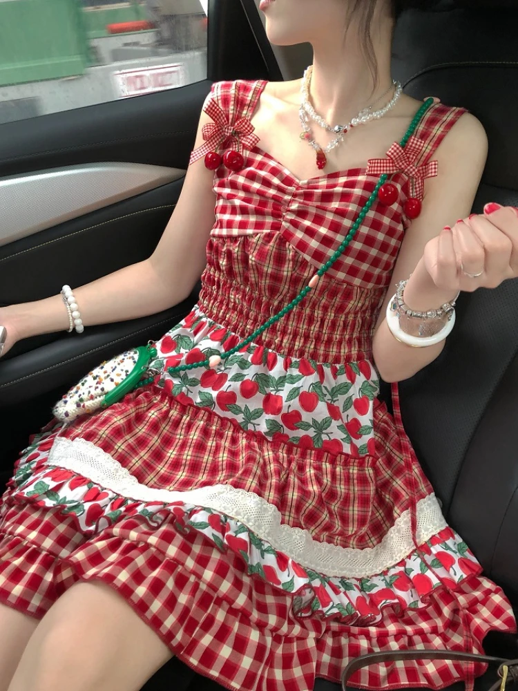 

Красное платье в стиле «лолита» с вишней, женское милое клетчатое мини-платье с бантом, женское французское винтажное платье на бретелях, Новинка лета 2023