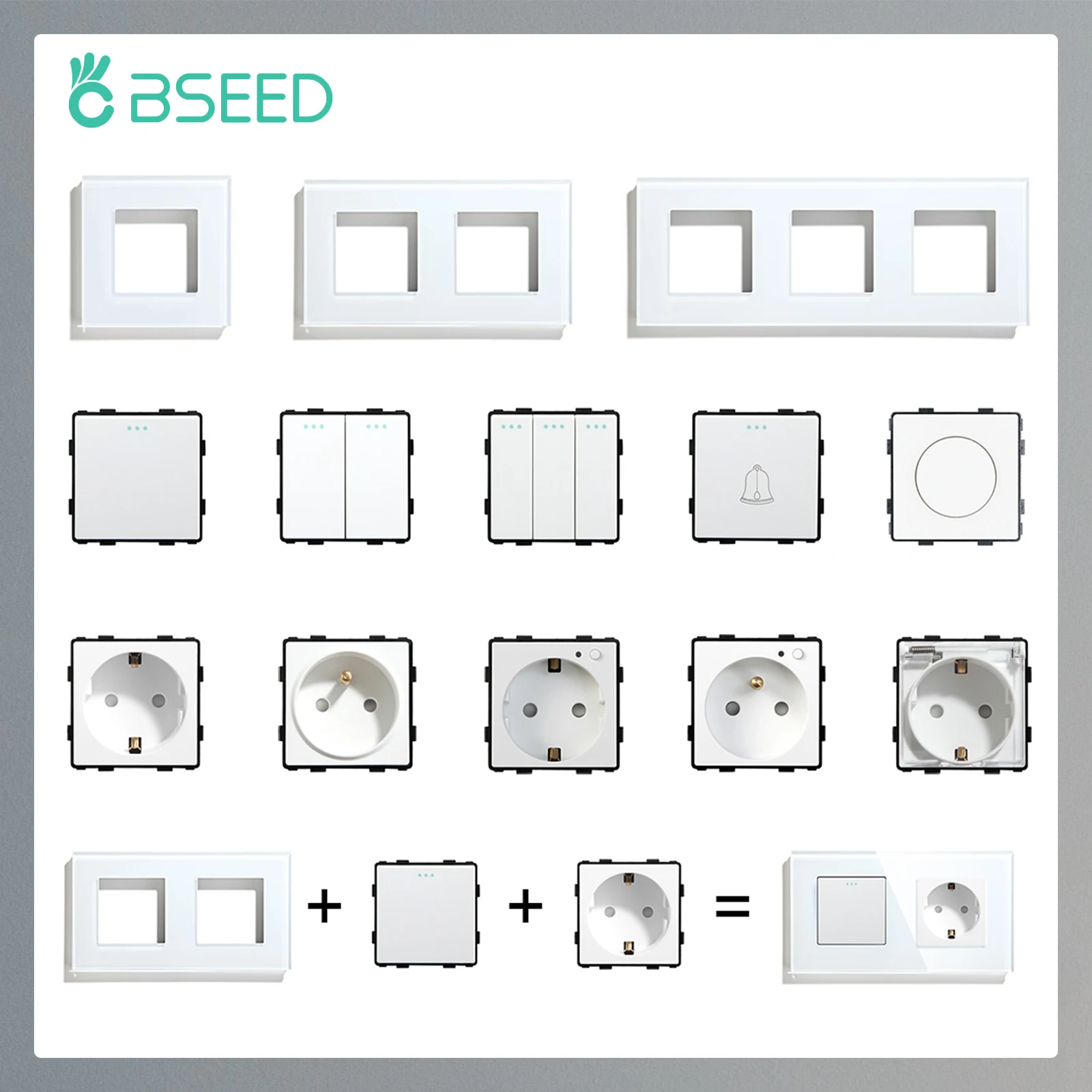 

BSEED 1/2/3Gang 1/2Way Mechanical Button Switch Part Wall Socket Outlet Function Key DIY Glass Frame Part Free Combination White