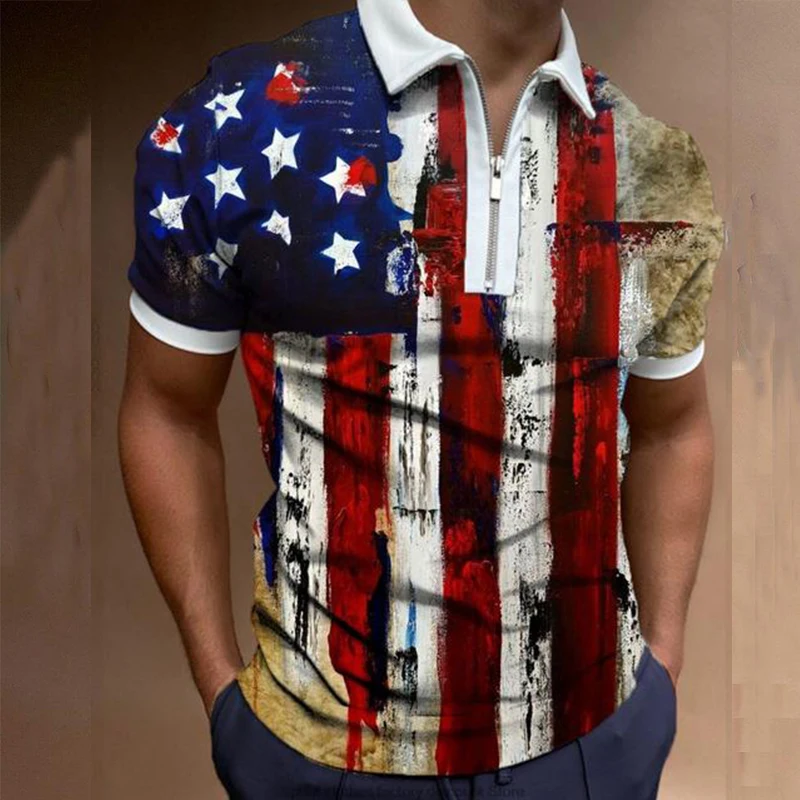 

Men's fashion polo clothing American flag golf shirts casual print short sleeve men's shirt turn-down collar zipper polo tops