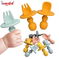 baby spoon and fork mini set short handle safety feeding food grade silicone infant stuff tableware set kid portable dishes sale