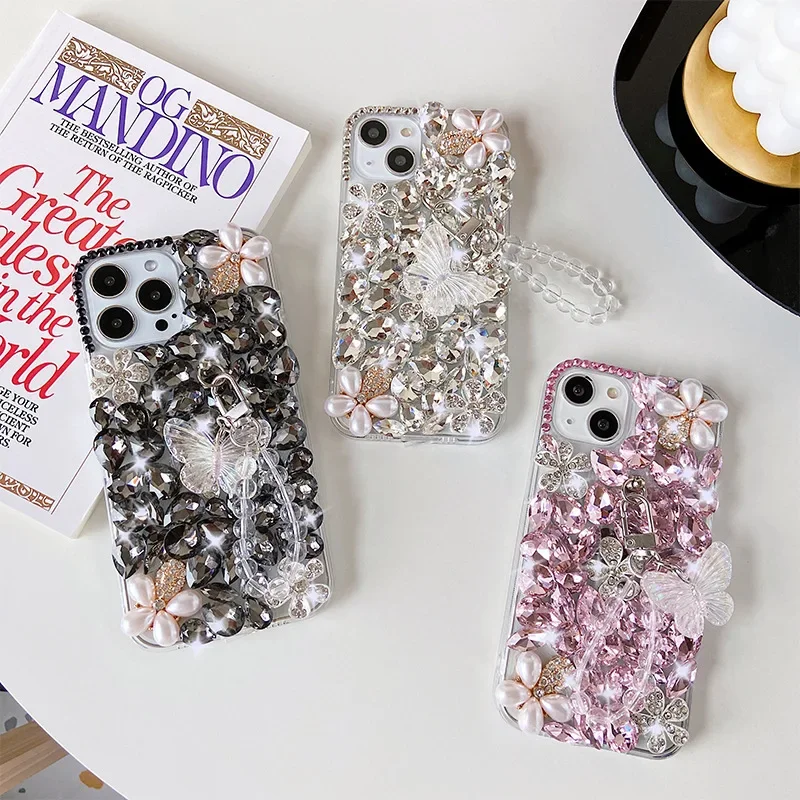 Diamond Rhinestone Pearl Flower Decoration Design Smart Cell Phone Case for Iphone 15 14 13 12 11 Pro MAX XR Series