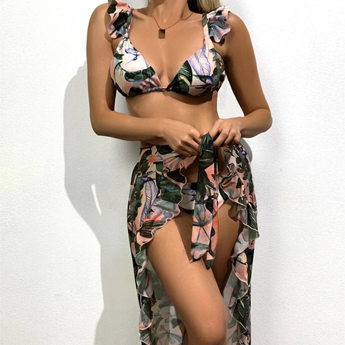 

Sexy Bikinis Three Pieces Set Floral Print Swimsuit and Cover Up Suit Push Up Ruffled Female Brazilian Biquini Wrap Bathing Suit