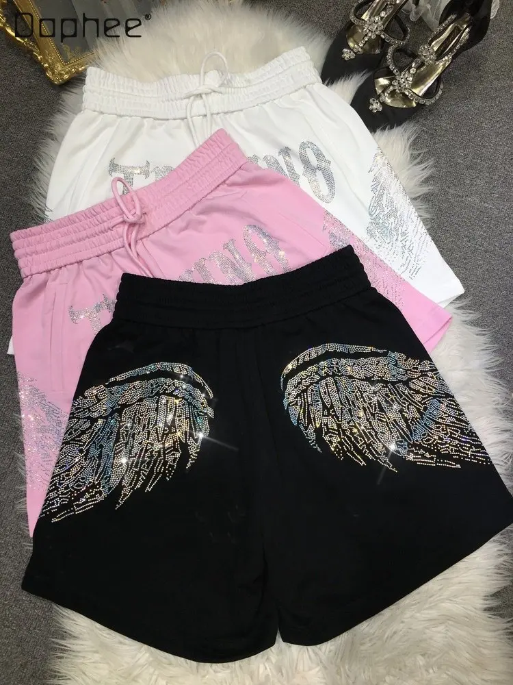 Women Heavy Industry Rhinestone Wings Shorts 20233Summer Thin Loose Wide Leg Leisure All-Matching Short Pants Sweatpants Female