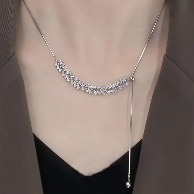 

Super Flash Zircon Wheat Ear Necklace 2022 Fashion Trend Leaf Clavicle Chain Adjustable Pull Necklace for Women Jewelry Gifts