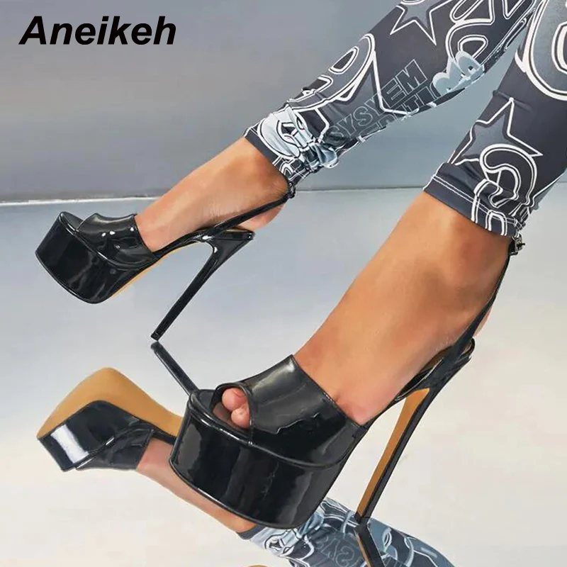 

Aneikeh New Sexy Black Patent Leather Thin High Heel Women Summer Platform Shoes Open Toe Ankle Slingbacks Buckle Strap Sandals