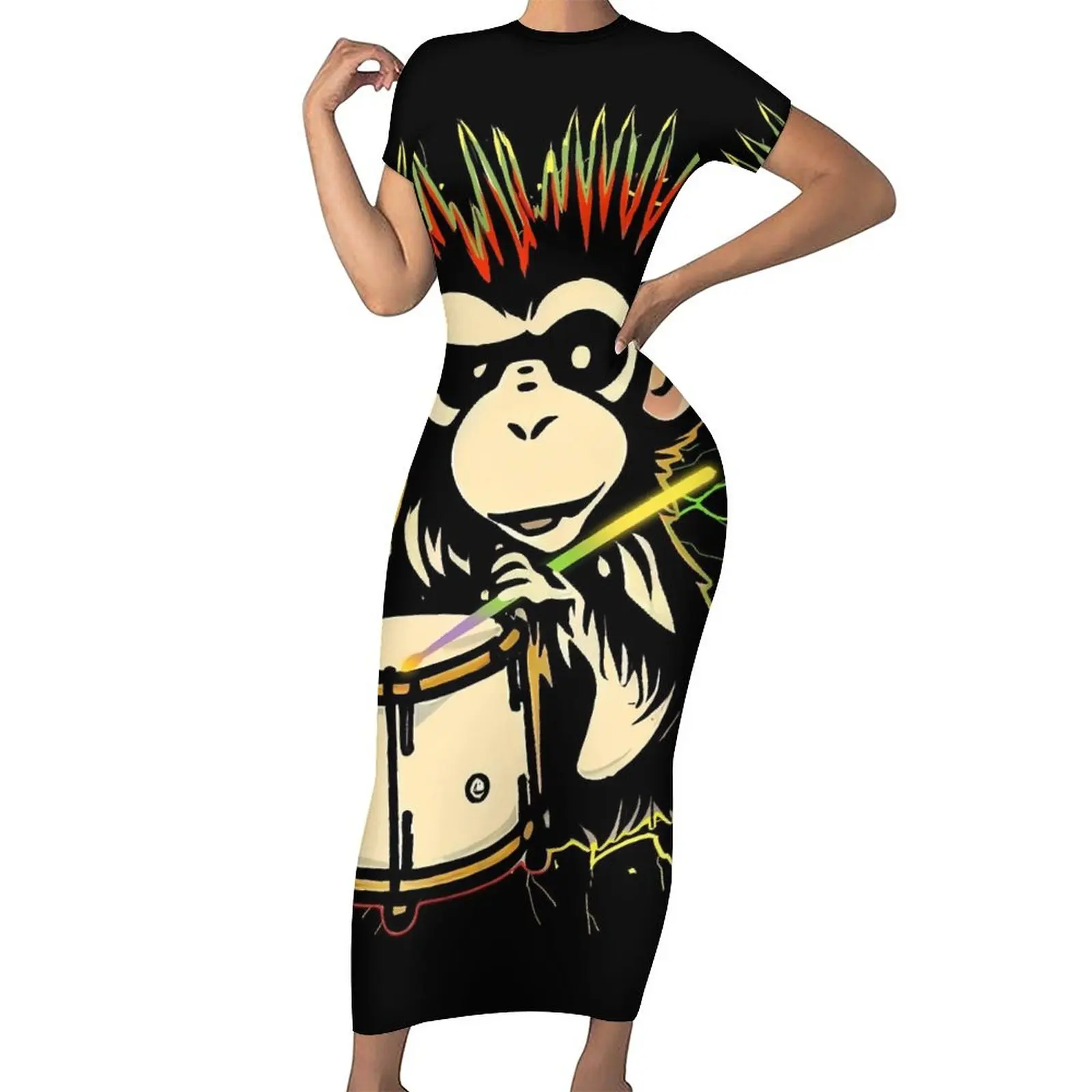 

Drummer Monkey Bodycon Dress Summer Fun Animal Print Cute Maxi Dresses Woman Short Sleeve Graphic Streetwear Dress Big Size 5XL