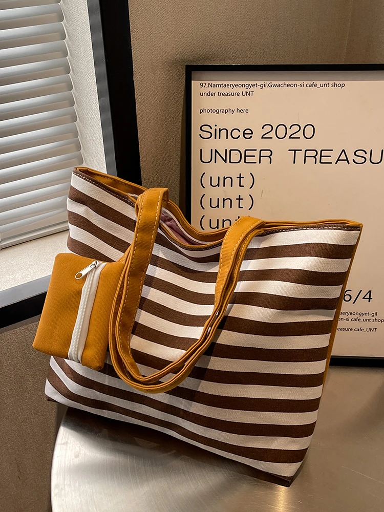 

Canvas Tote Bag New 2023 Spring Fashion Stripe Single Shoulder Bags Women's Large Capacity All-match Shopping Handbags