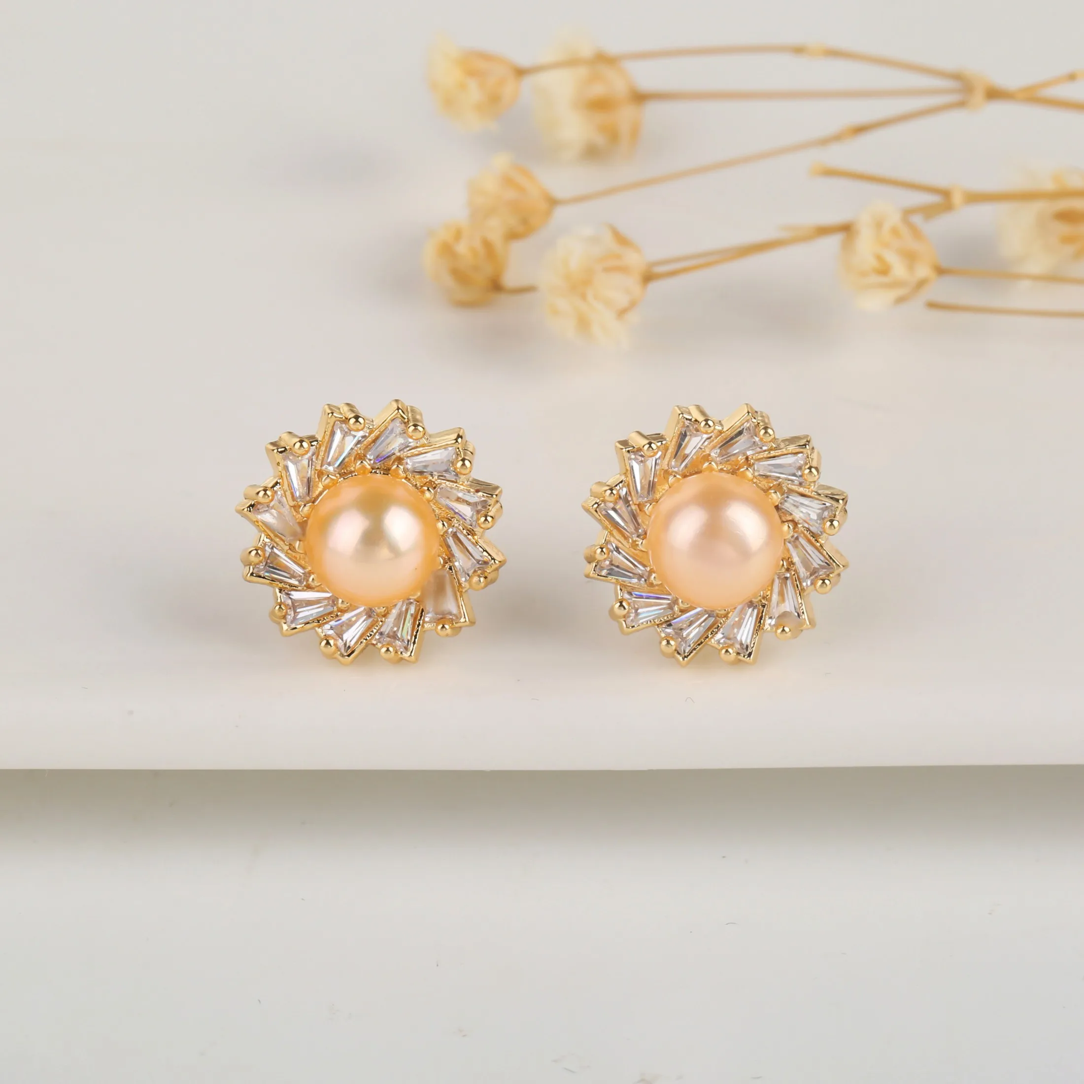 

Women Pearl Earrings Round Orange Gold Plated Glitter CZ Girls Wedding Party Accessories Fashion Ear-ring