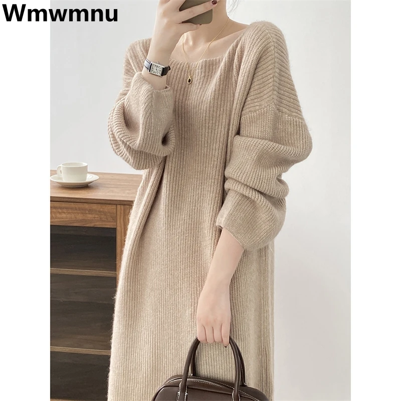

Loose Casual Autumn Winter Knitted Dress Women Korean Sweater Dresses Bottoming Midi Vestidos Mujer Elegant Knitwear O-neck Robe