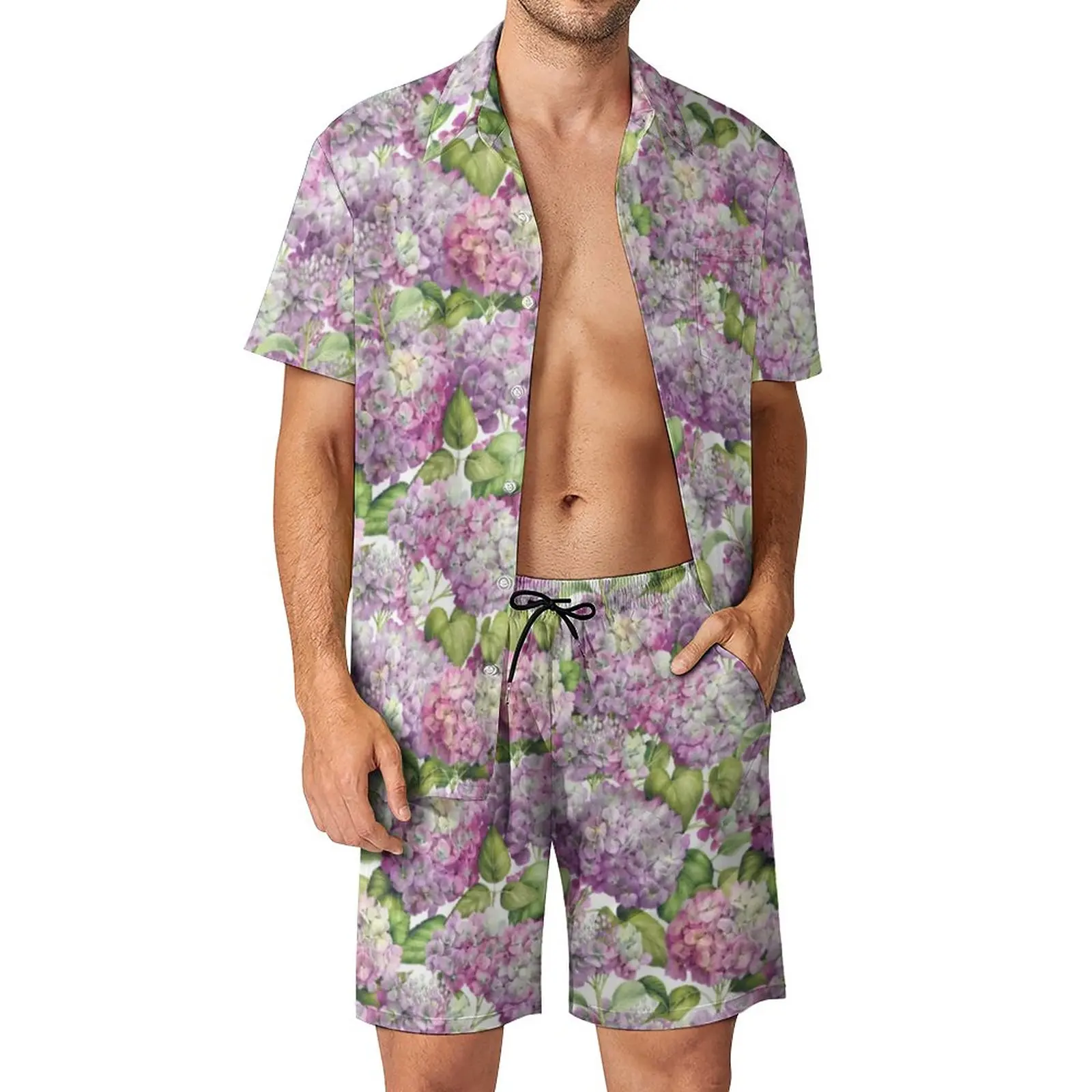 

Hydrangea Floral Men Sets Pink Lavender Print Casual Shirt Set Fashion Fitness Outdoor Shorts Summer Custom Suit 2 Piece Clothes