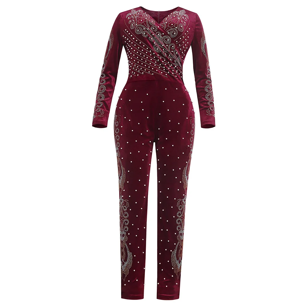 

African Jumpsuit For Women Velvet Elegant Wedding Party Long Sleeve Rompers Pants Set Dubai Turkey Luxury Beads Clothing Wear