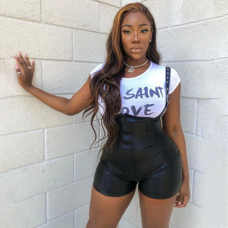 

Black Pu Zipper Straps Short Jumpsuit Women Sexy Summer Backless Bodycon Rompers Femme Casual Nightclub Overalls bodysuit 2021