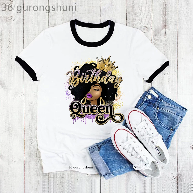 

Gold Glitter Birthday Queen Graphic Print Tshirt Black Girls Magic T Shirt Femme Kawaii Melanin Poppin T-Shirt Female Wholesale