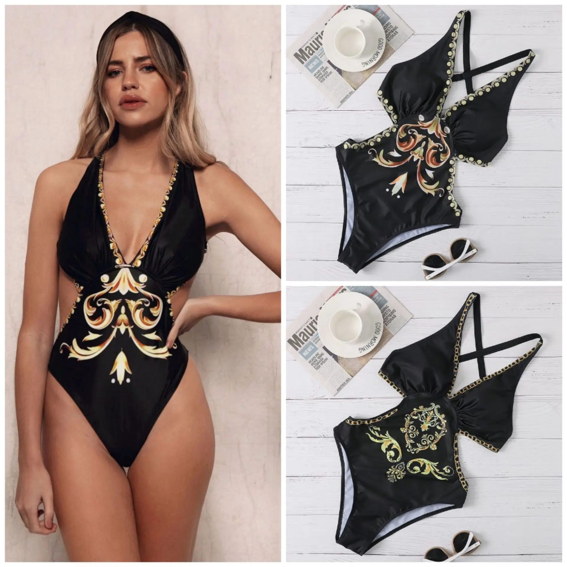 

One Piece Low V Neck Hollow Out Sexy Bikini Goden Print Noble Swimsuit Women Bathing Suit Push Up Swimwear Biquini Beach Pool