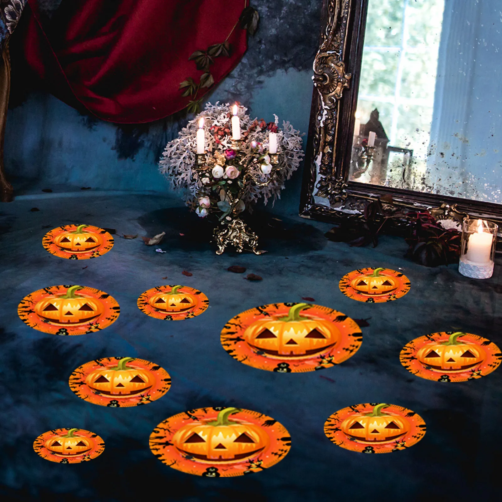 

Halloween Round Floor Stickers Creative Pumpkin Head Expression Stickers Horror Eyes Party Sticker Books for Kids 2-4 Girls