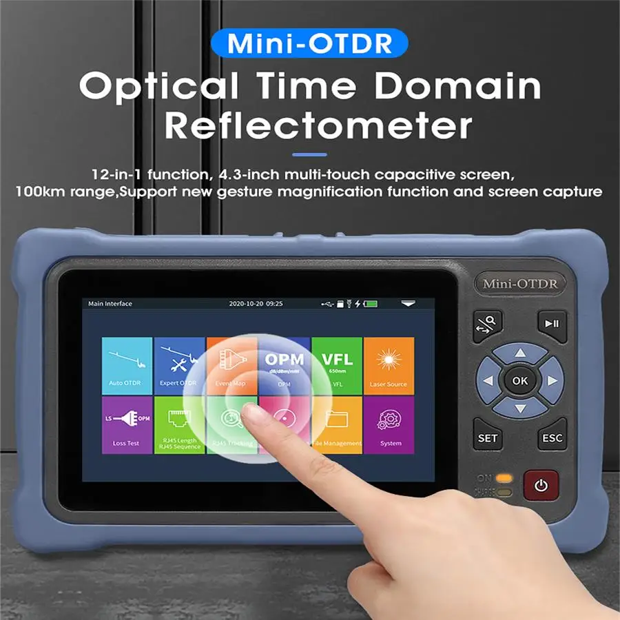 4.3 Inch Touch Screen MINI OTDR 1310/1550nm Optical Time Domain Reflectometer  VFL OLS OPM Event Map Ethernet Cable Tester 100KM