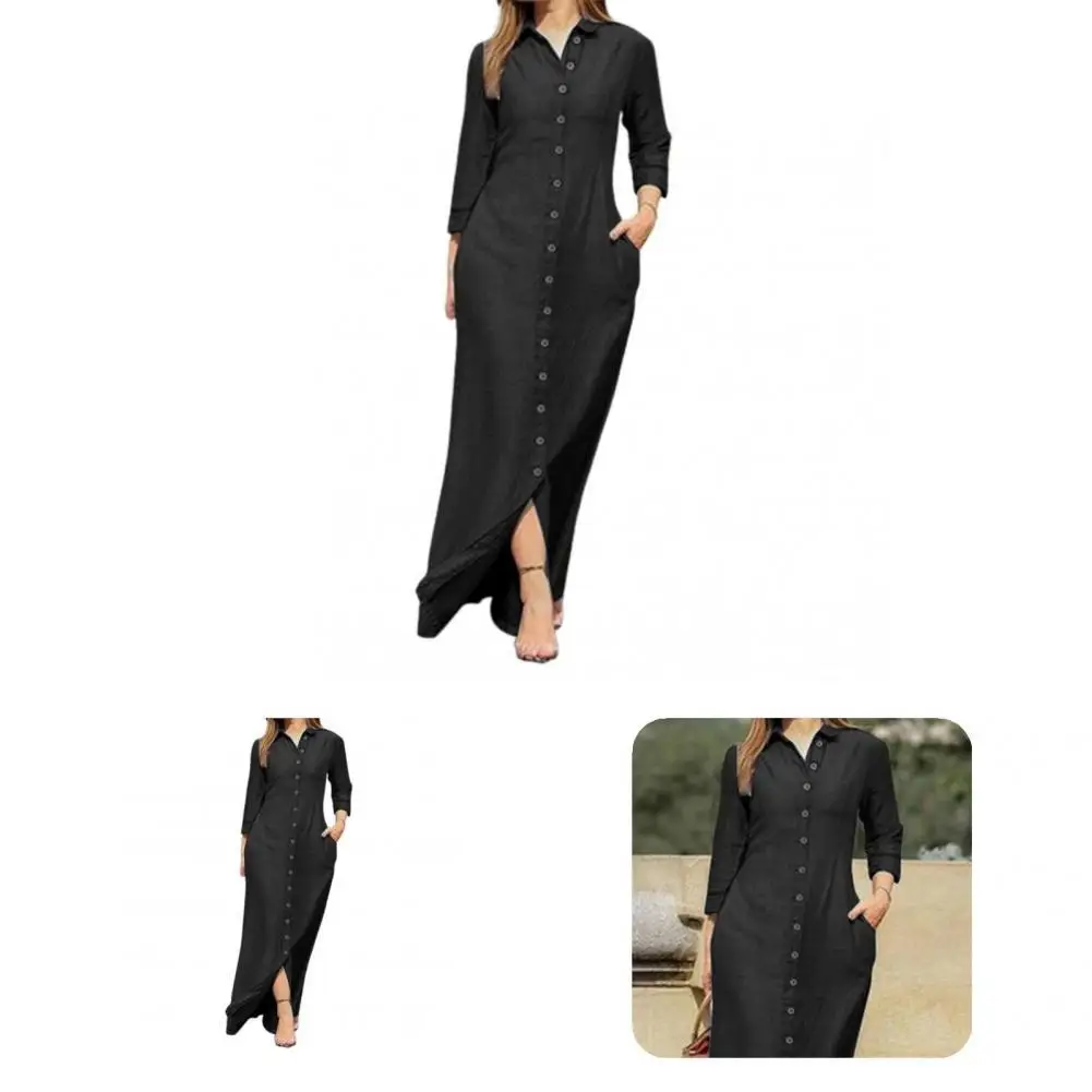 

Charming Shirt Dress Slim Lightweight Two Pockets Pure Color Single Breasted Denim Dress