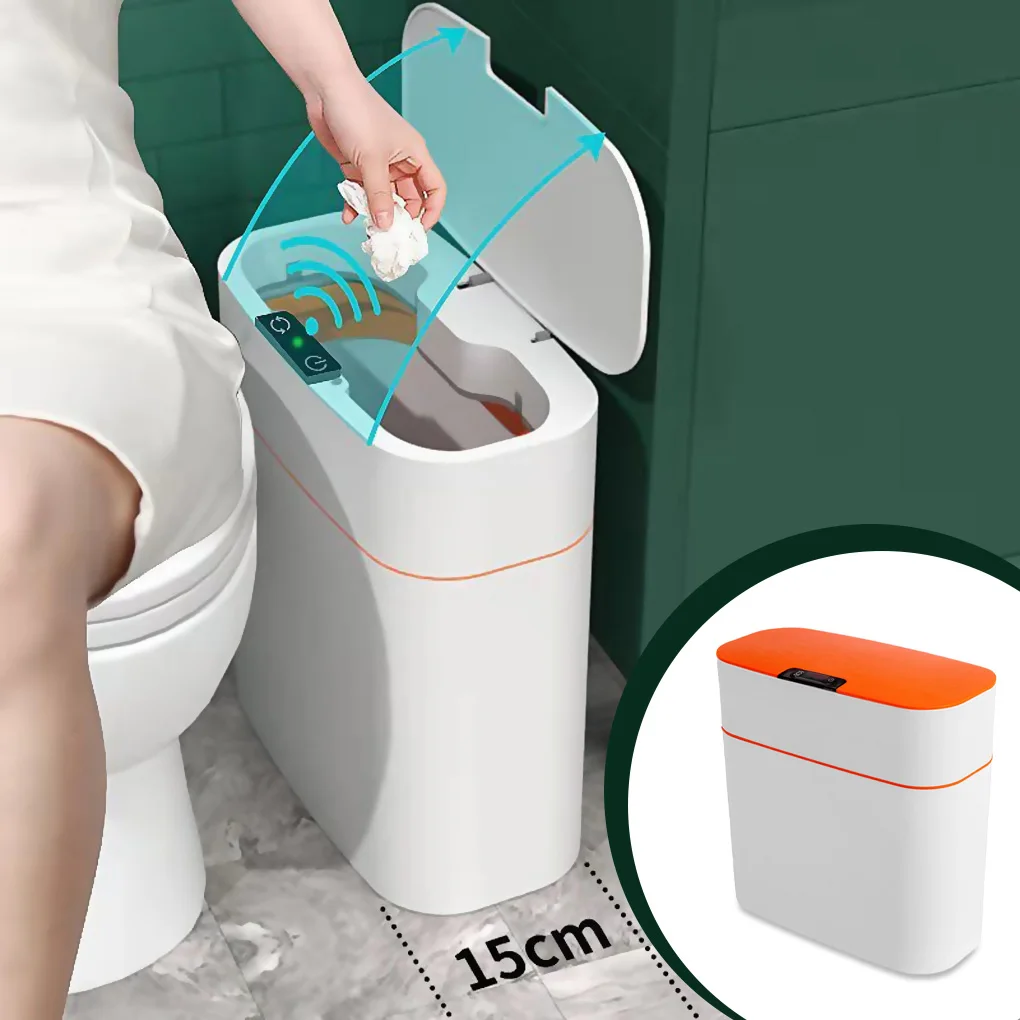 

Smart Trash Can Induction Bathroom 16L Garbage Bin Electric Rubbish Waste Bucket for Bedroom Living Room Orange White