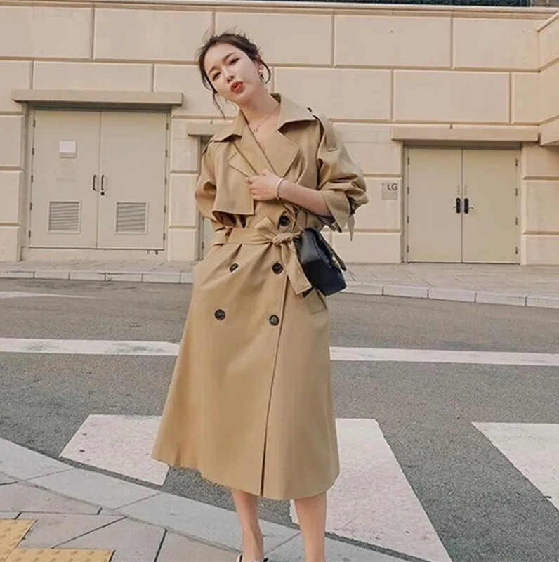 

Brand New Spring Autumn Long Women Trench Coat Double Breasted Belted Storm Flaps Khaki Dress Loose Coat Lady Outerwear Fashion