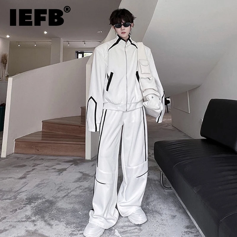 

Мужские толстовки IEFB из двух предметов, кардиган контрастных цветов с воротником-стойкой, повседневные мешковатые спортивные брюки, модные уличные костюмы 9C2180
