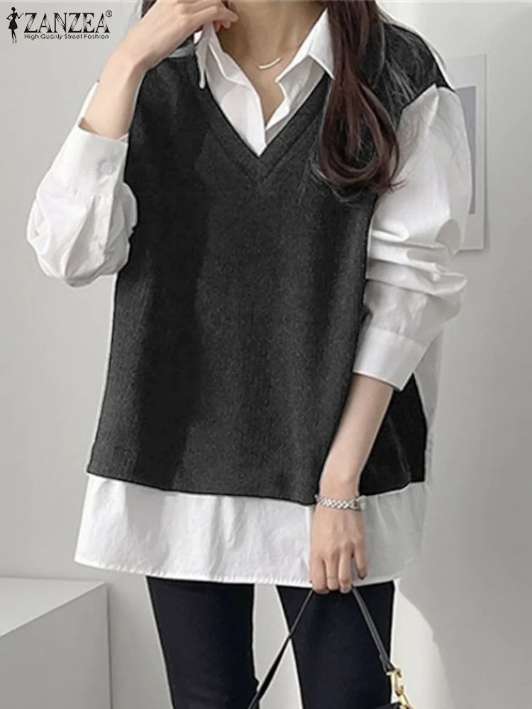 

ZANZEA 2022 Stylish Autumn Sweatshirts Fashion Women Fake Two Pieces Pullover Casual Lapel Neck Long Sleeve Patchwork Tops 7