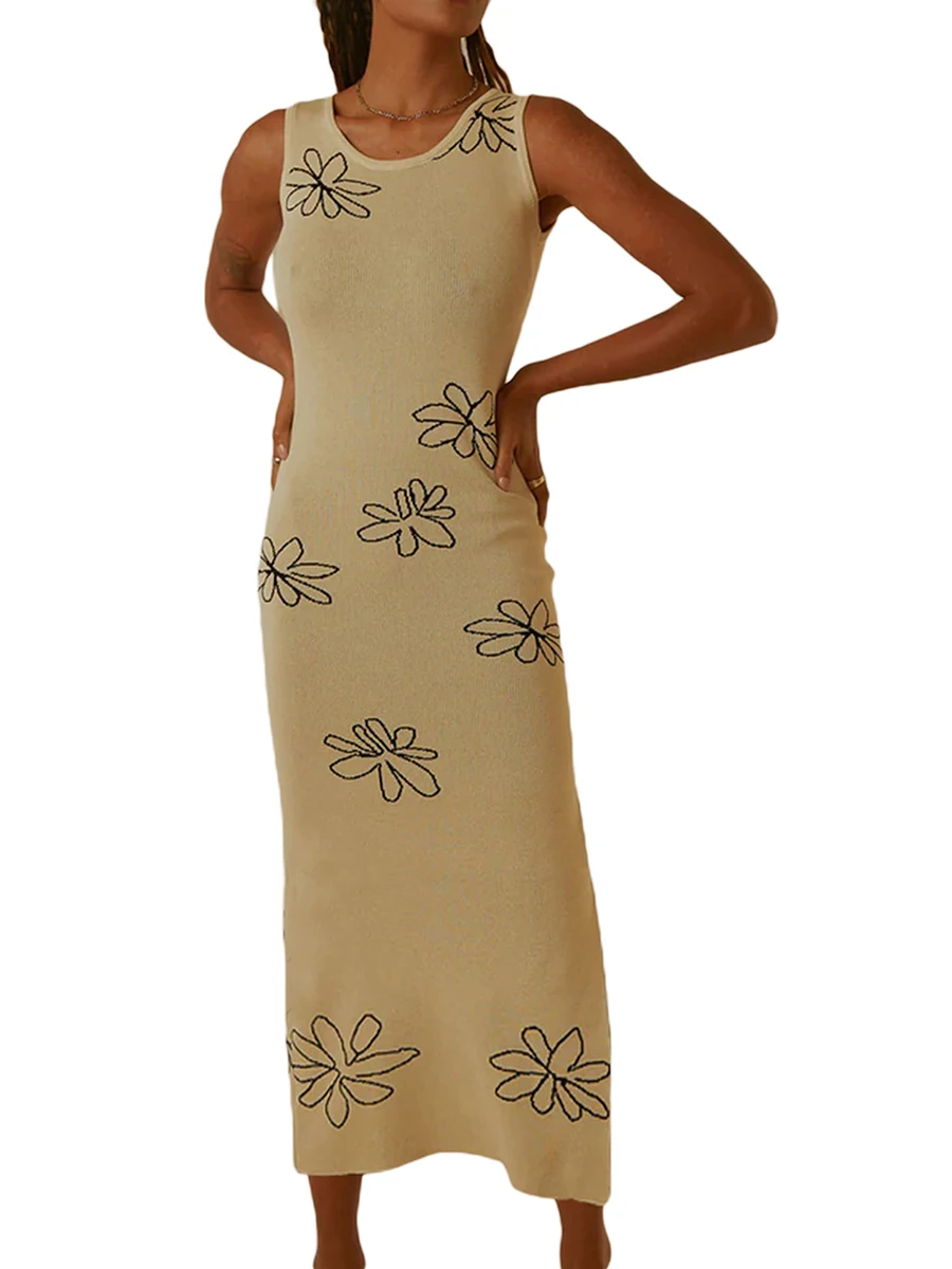

Women Dress Printed Knitted Long Dress Women Sleeveless Backless Cut Out Bodycon Dress Casual Beach Summer Dresses