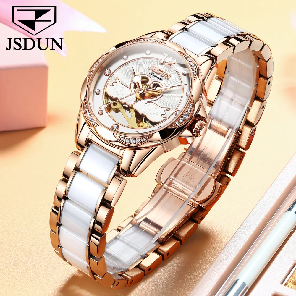 JSDUN Mechanical Watch for Women Stainless Steel Ceramics Strap Elegant Ladies Wrist Watch Sapphire Crystal Luxury Woman Watch enlarge