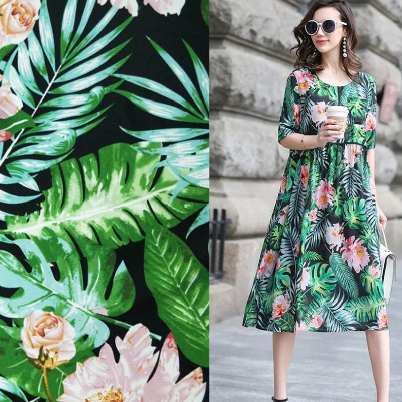 

Printed Imitation Silk for Dress Fabric Cheongsam Wide Leg Pants Scarf Imitation Hawaiian Style Banana Leaf Flower Clothing
