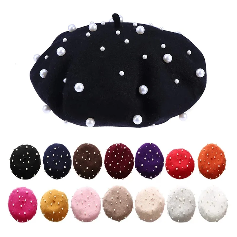 

French Beret Hat Women Girls Princess Pearl Ornament Woolen Berets Plain Beanie Autumn Warm Winter Wool Hat Street Hats Caps