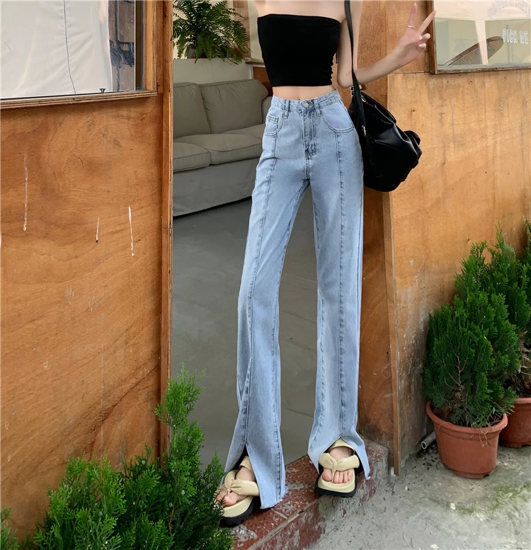 N0944  New high-waisted straight tube slim slits flared mopping pants women's all-match denim trousers jeans