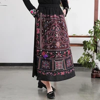 2022 national harajuku vintage cotton linen flower embroidered women skirt midi elastic waist casual loose female retro skirt