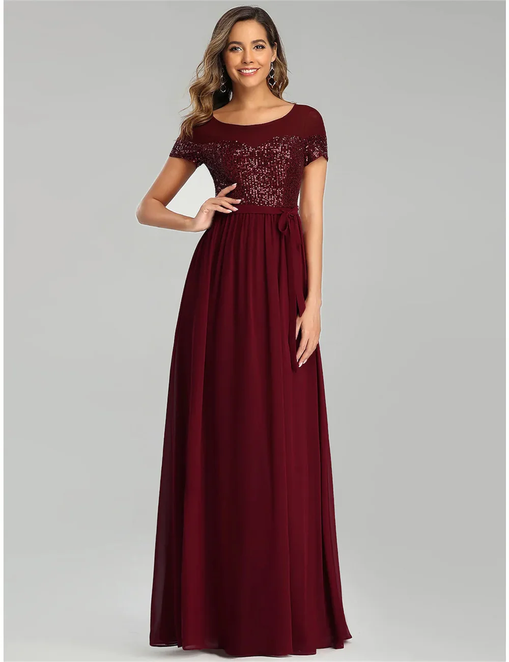 

Formal A-Line Bridesmaid Dress Jewel Neck Short Sleeve Elegant Floor Length Chiffon with Sash Ribbon Sequin 2022 Sparkle Shine