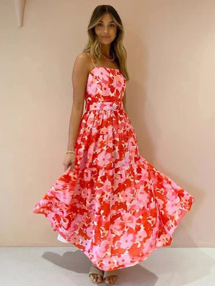 

Gedivoen High Quality Summer Women Fashion Designer Beach Holiday Dress Sexy Spaghetti Strap High Waist Floral Ruffle Hem Dress