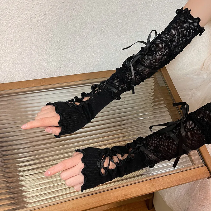 

1 пара Y2k кружевные перчатки без пальцев JK перчатки в Стиле Лолита для девочек готические самодельные обвязочные солнцезащитные рукава эластичные сетчатые панковские варежки для женщин