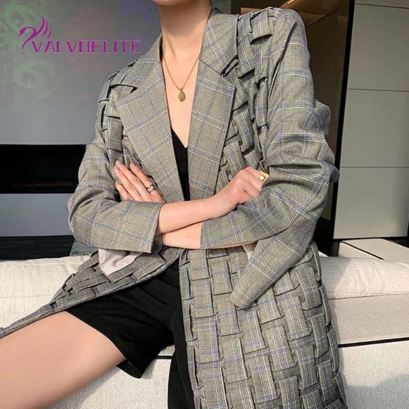 

2022 Spring Autumn New Woman Suit Jacket Design Sense Three-dimensional Plaid Hand Pleated Mid-length Solid Color Single West
