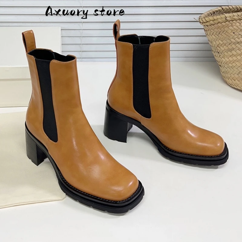 New Black Slip On Shoes Women Short Boots Fashion Winter Ankle Boots For Women Chelsea Boots Chunky Heel