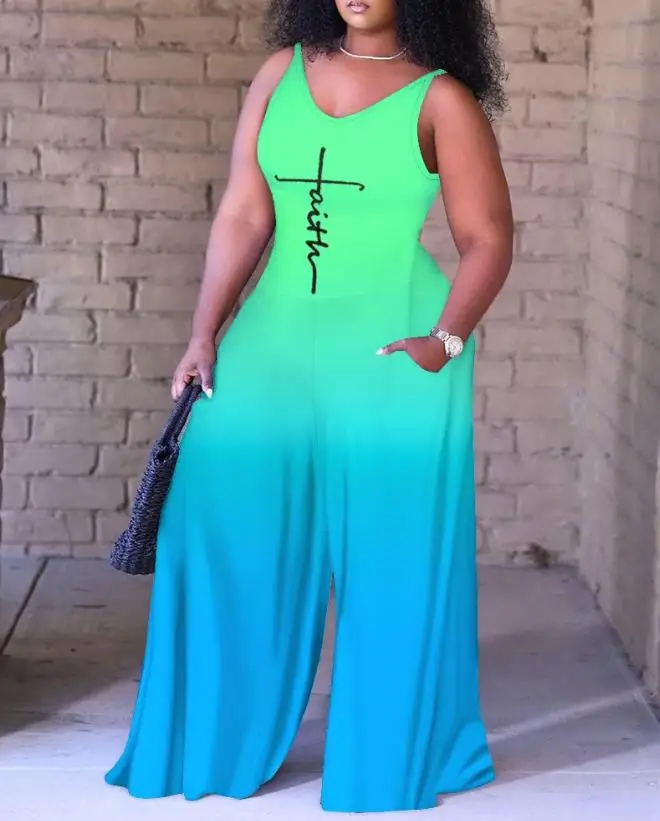 

Sexy Summer Jumpsuit Women 2023 Long Elegant Faith Print Ombre Wide Leg Jumpsuit New Fashion Casual One Pieces Female Jumpsuit