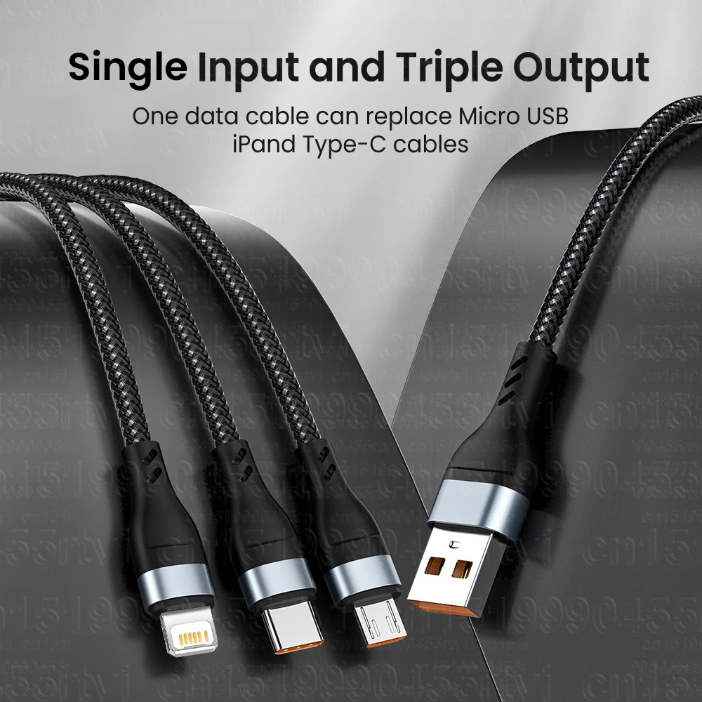 Кабель зарядный 3 в 1 Micro USB Type-C 6 А для iPhone 14 13 Samsung Xiaomi Huawei