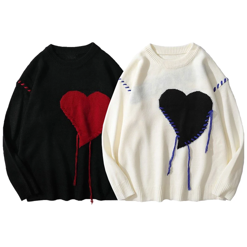 

Вязаный свитер в стиле Харадзюку с узором в виде сердца, Мужской винтажный свитер в стиле панк-рок с надписью, черный, красный, Женский пулов...