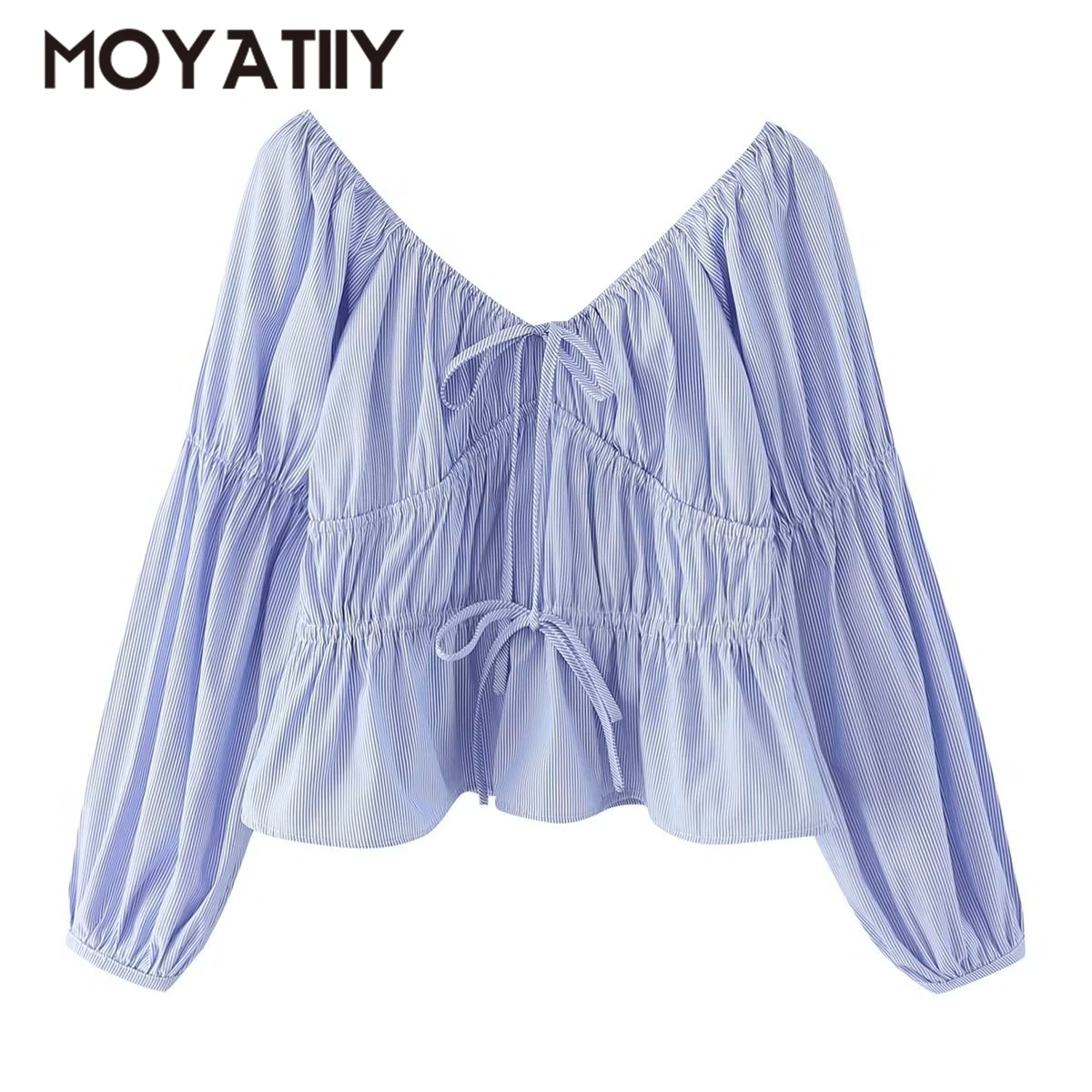 

Модная Женская Весенняя блузка MOYATIIY с полосатым принтом, свободная синяя блузка, рубашки, женские топы с длинным рукавом