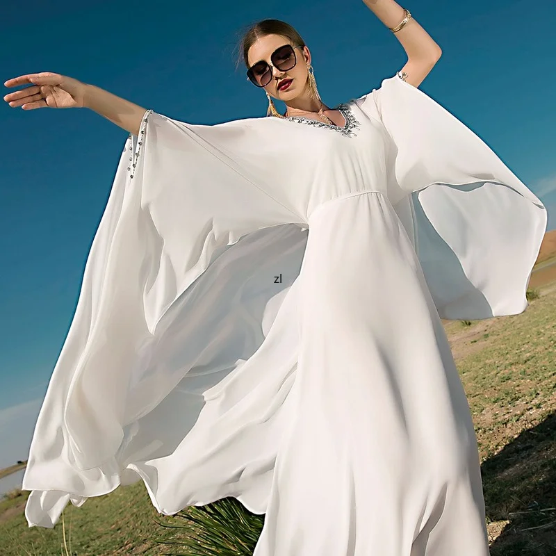 White Dubai Abayas for Women Ramadan Eid Muslim Evening Party Long Dress Plus Size Moroccan Luxury Caftan Robe Boubou Djellaba