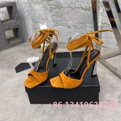 Square Toe Open Toe Suede Sandals For Women 2023 New Ankle Loop Straps Sexy High Heel Shallow Cross-tied Female Fashion Shoes