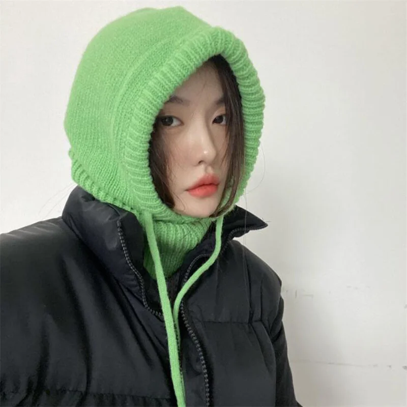 

Winter Womens Hats Unisex Knitted Hooded Neck Collar Cap Beanie Men Women Drawstring One-Piece Hats Warmer Balaclava Cap
