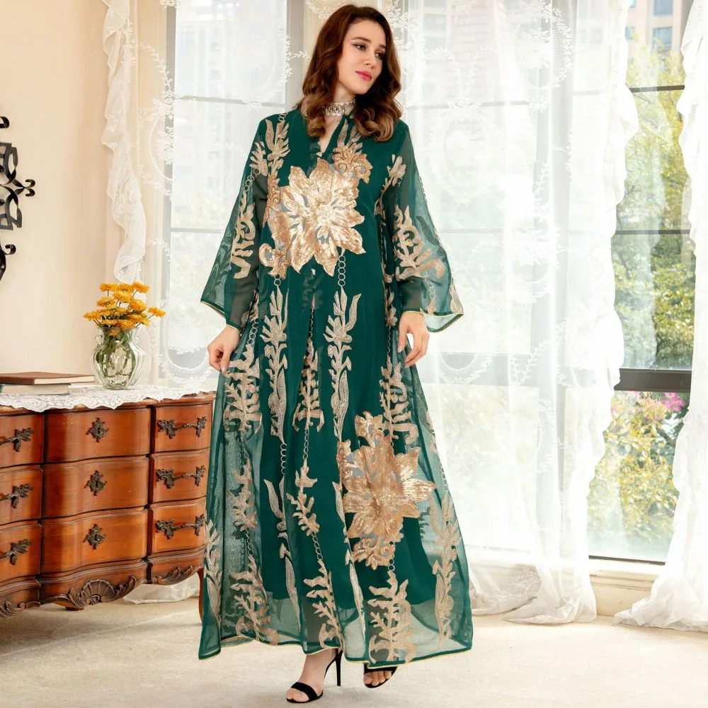 Ladies Robe Dubai Arabian Long Sleeve Dress Slim Women Gold Sequin Embroidered Loose Muslim Long Skirt Spring African Clothing