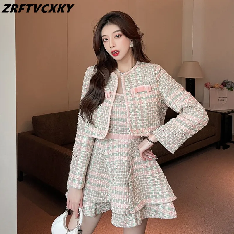 

Женский твидовый комплект из двух предметов, короткая куртка и пикантное платье, модный костюм в Корейском стиле из двух предметов для деву...