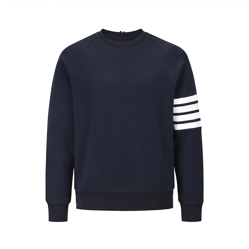 TB THOM Men's Sweatshirts 2022 Luxury Brand Tops Navy Waffle Cotton 4-Bar Stripe Crew Neck Pullover Korean Design Sweatshirts