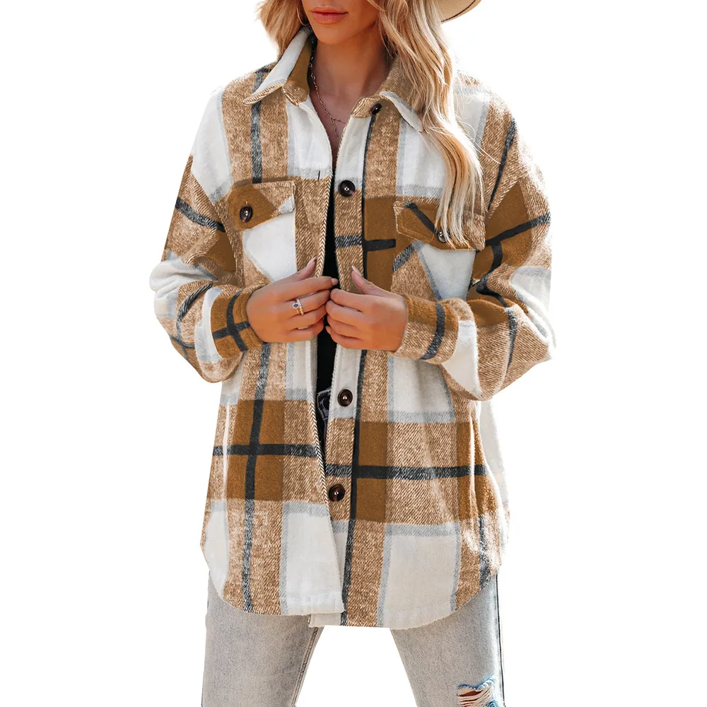 2022 Women's Autumn and Winter New Ladies Plaid Jacket Casual Loose Pocket Shirt Blouses for Women Fashion 2022