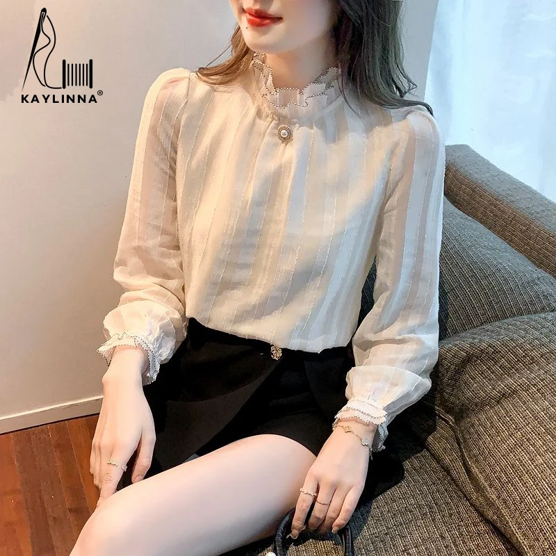 KAYLINNA 2022 Autumn Women Blouse Office Lady Casual Shirts Lace Long Sleeves Blouses Women Chiffon Shirt Top Women's Clothing