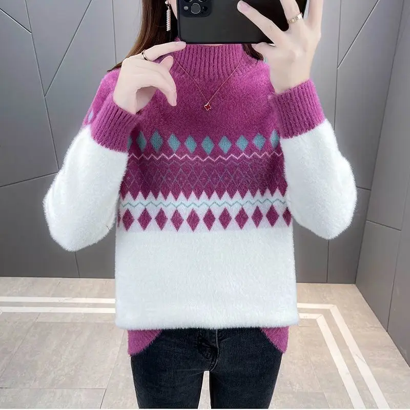 Woman Knitted Print Pullovers Female High Collar Sweaters Soft High Quality Jumpers Ladies Long Sleeve Clothes Jumper Tops G213 images - 6